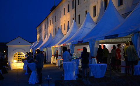 Slavnostně nasvícené pagody jako prodejní a občerstvovací stánky.<a
                            href='http://pupaproduction.cz/party-stany-reference.html' target='_blank'>Festival na
                            Špilberku</a>.